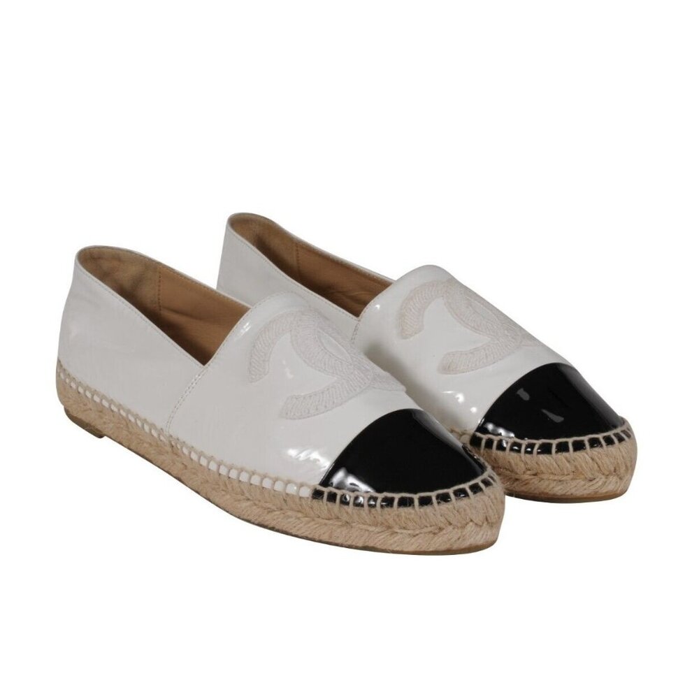 Chanel Women CC Logo Espadrilles EU 39 US 9 White Black Patent Leather Cork Sole